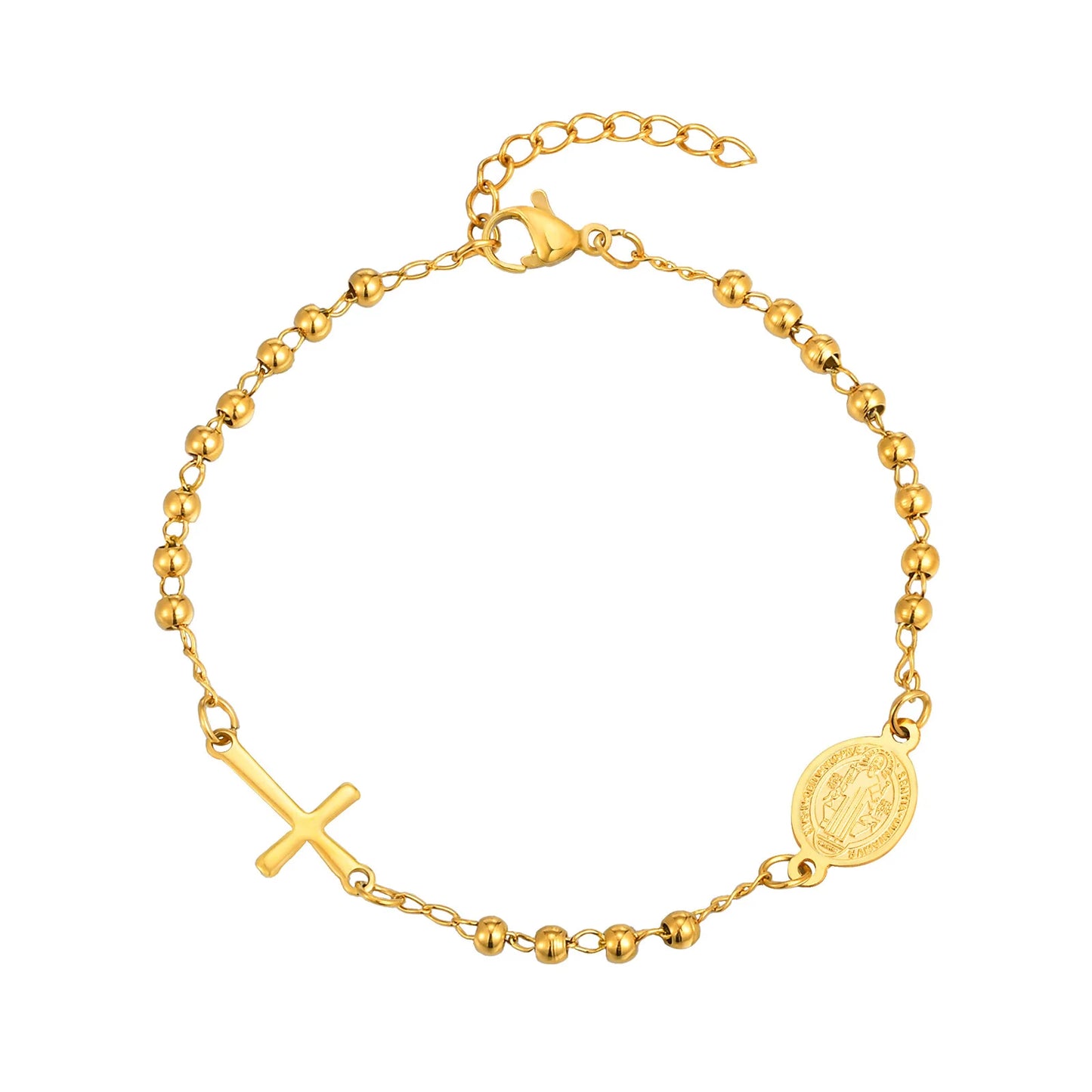 Bracelet Croix Acier Inoxydable Doré – Perles & Médaille Vierge Marie