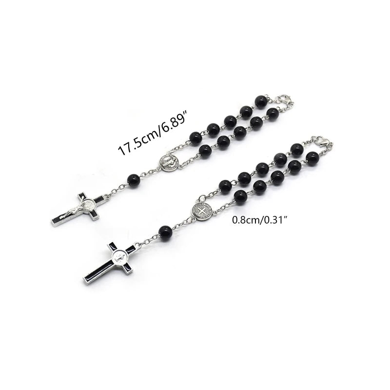 Bracelet Dizainier en Perles Noires avec Croix et Médaille de Saint Benoît