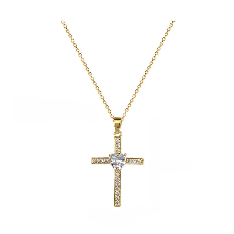 Collier Croix Femme Dorée avec Strass et Cœur Central