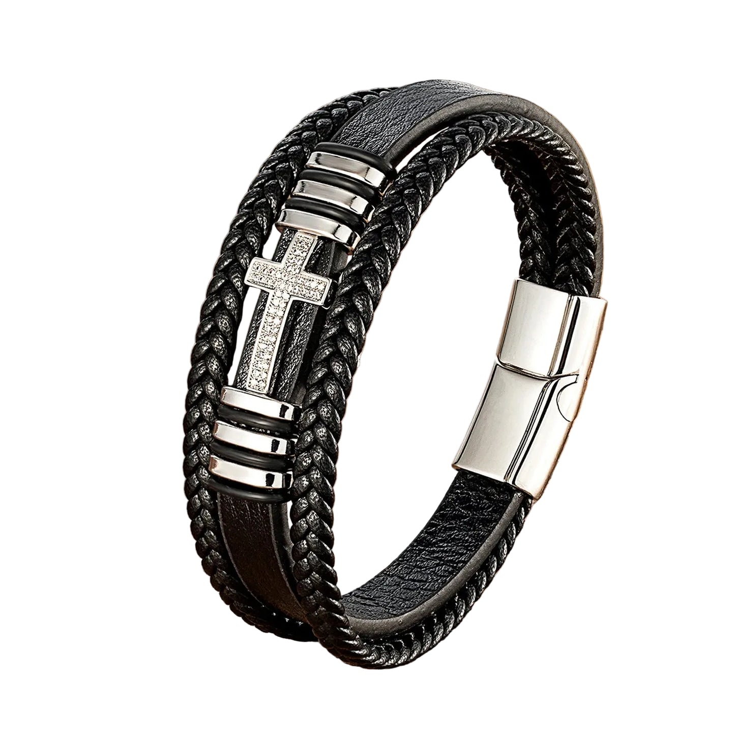 Bracelet Croix Homme Cuir Noir – Fermoir Magnétique Acier