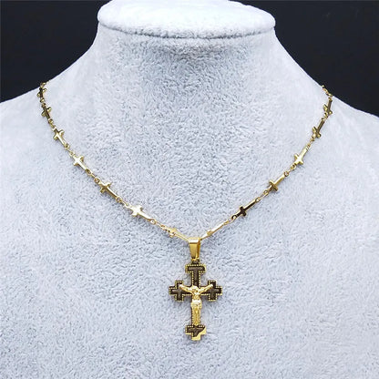 Collier Chrétien en Acier Inoxydable Doré - Croix Sacrée