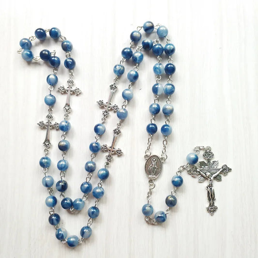 Chapelet en Perles Bleues et Croix Argentées