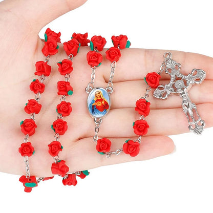 Chapelet en Perles de Roses Rouges avec Médaillon de la Vierge Marie