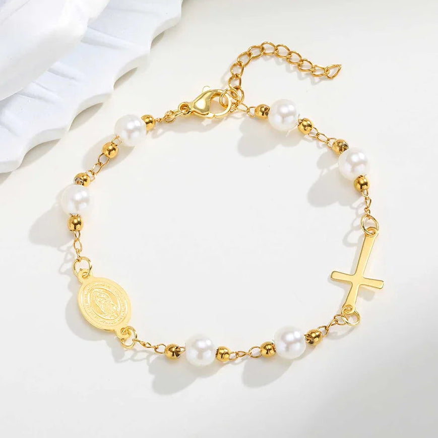 Bracelet Croix Acier Inoxydable Doré – Perles & Médaille Vierge Marie