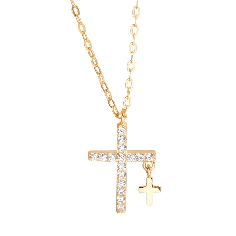 Collier Femme Double Croix Dorée avec Strass Étincelants