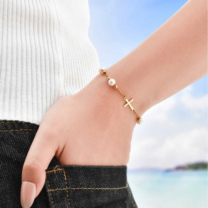 Bracelet Croix Acier Inoxydable Doré – Perles & Médaille Vierge Marie
