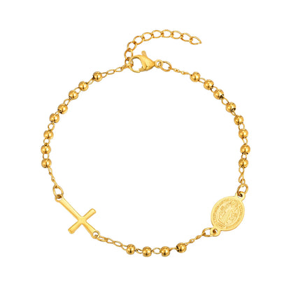 Bracelet Croix Acier Inoxydable Doré – Perles & Médaille Vierge Marie