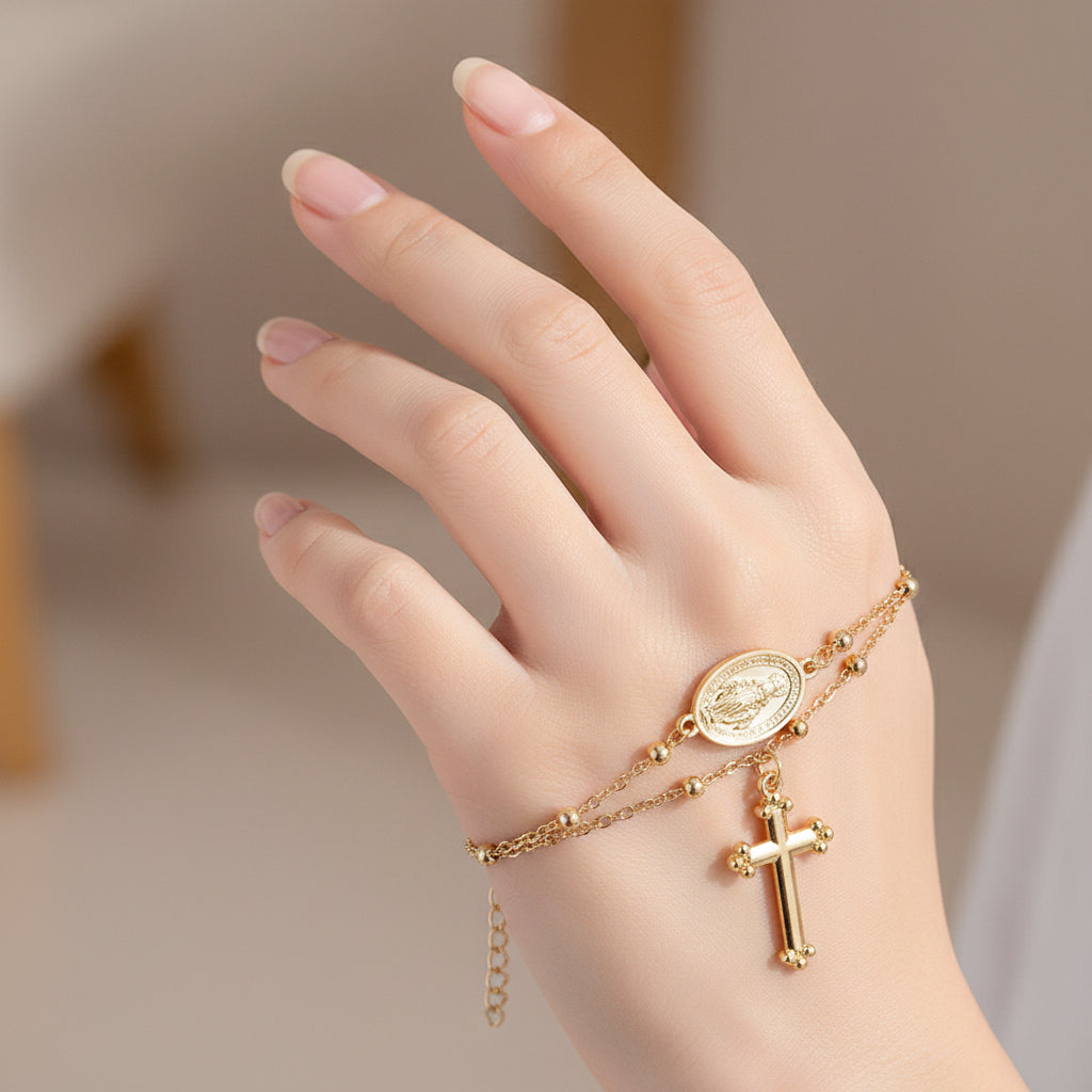 Bracelet Croix Doré Chaîne – Médaille Religieuse