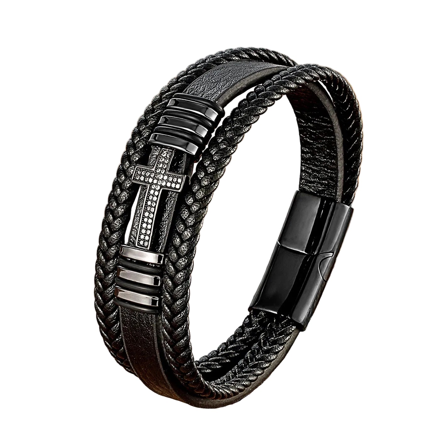 Bracelet Croix Homme Cuir Noir – Fermoir Magnétique Acier