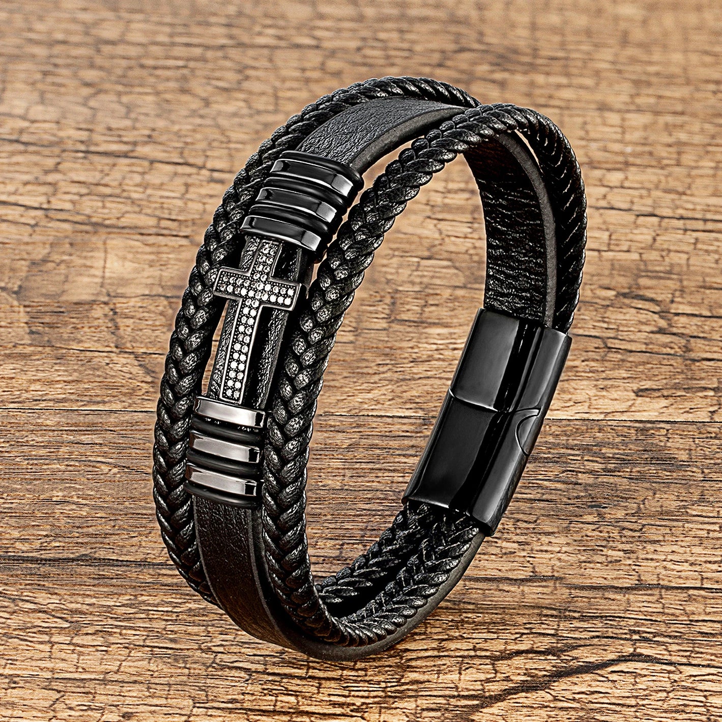 Bracelet Croix Homme Cuir Noir – Fermoir Magnétique Acier