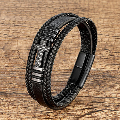 Bracelet Croix Homme Cuir Noir – Fermoir Magnétique Acier