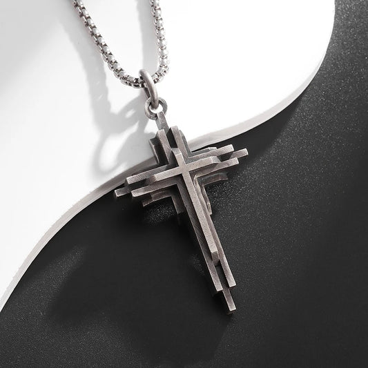 Collier Croix Homme Multicouches en Métal Gris - Style Moderne et Unique