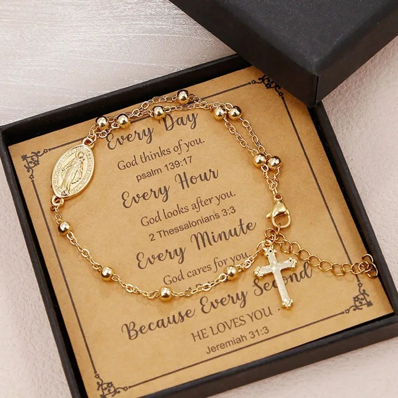 Bracelet Croix Doré Chaîne – Médaille Religieuse