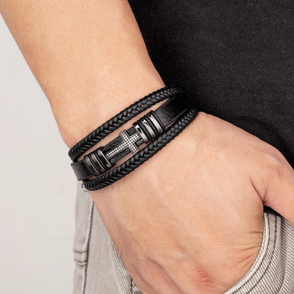 Bracelet Croix Homme Cuir Noir – Fermoir Magnétique Acier