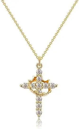 Collier Croix Femme avec Strass Étincelants et Détail de Couronne