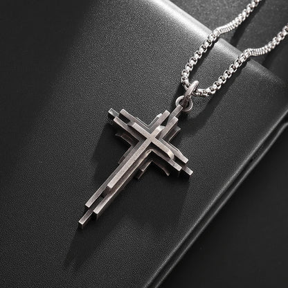 Collier Croix Homme Multicouches en Métal Gris - Style Moderne et Unique