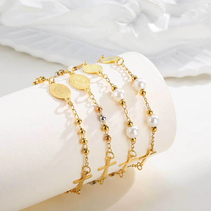 Bracelet Croix Acier Inoxydable Doré – Perles & Médaille Vierge Marie