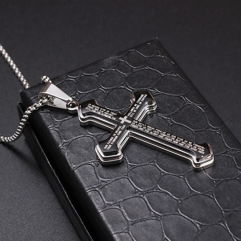 Collier Croix Homme avec Texte de Prière Gravé