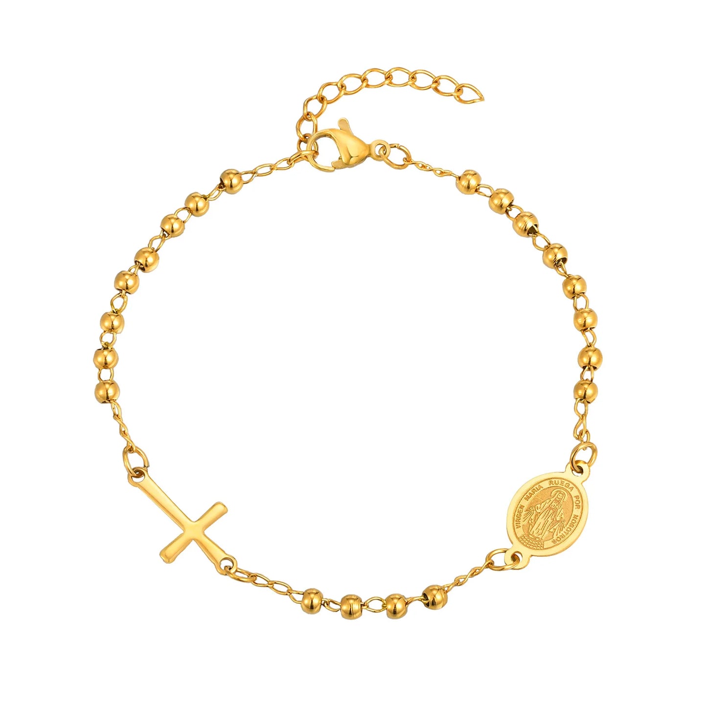 Bracelet Croix Acier Inoxydable Doré – Perles & Médaille Vierge Marie