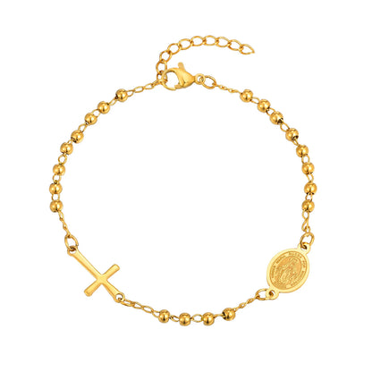 Bracelet Croix Acier Inoxydable Doré – Perles & Médaille Vierge Marie