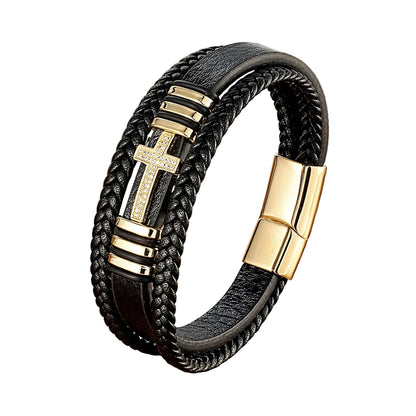 Bracelet Croix Homme Cuir Noir – Fermoir Magnétique Acier