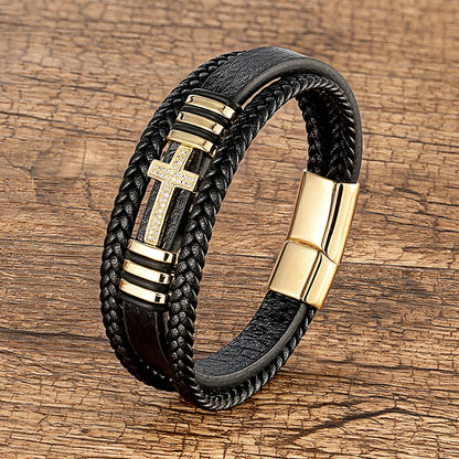 Bracelet Croix Homme Cuir Noir – Fermoir Magnétique Acier