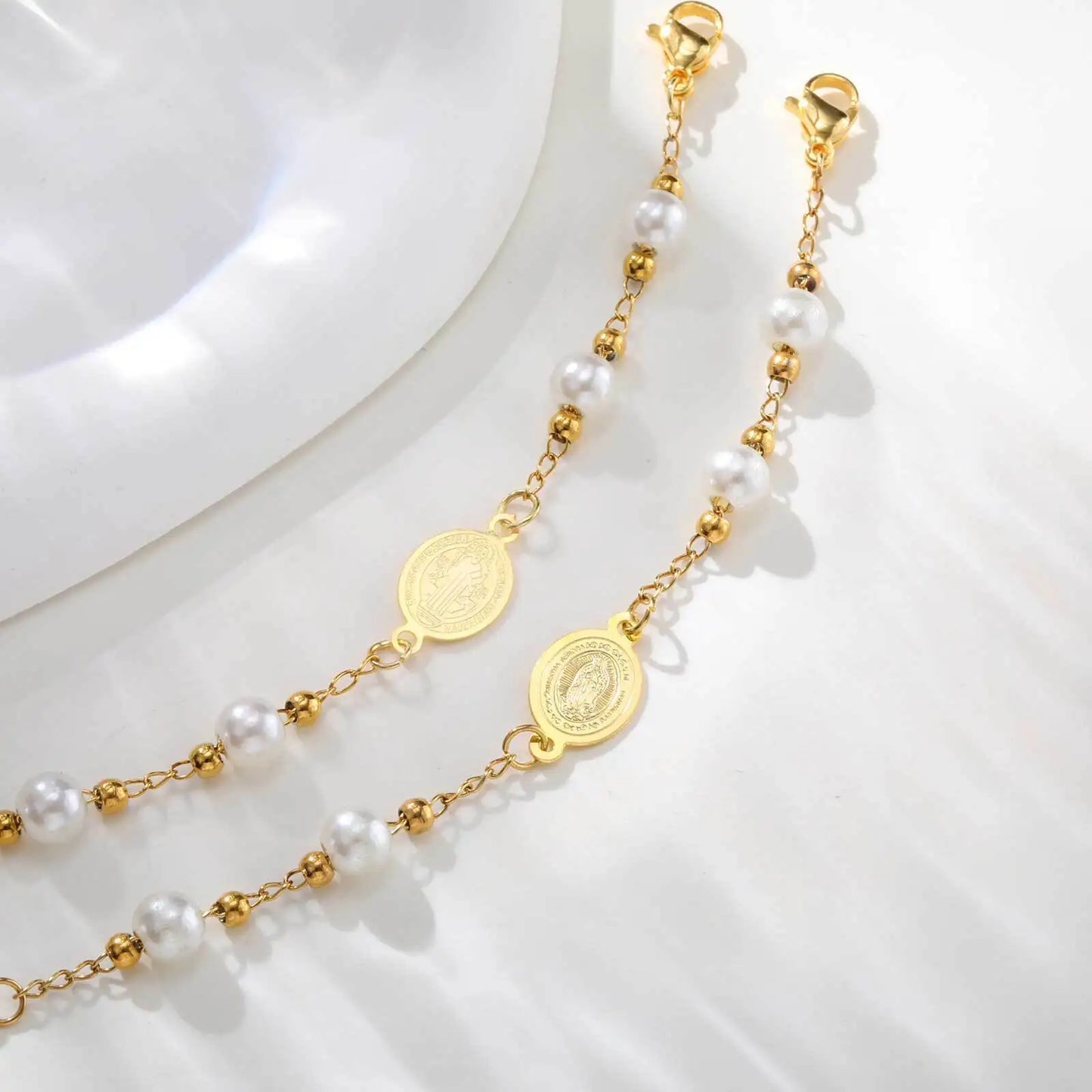 Bracelet Croix Acier Inoxydable Doré – Perles & Médaille Vierge Marie