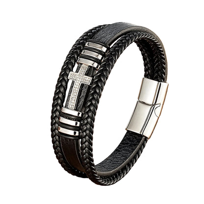Bracelet Croix Homme Cuir Noir – Fermoir Magnétique Acier