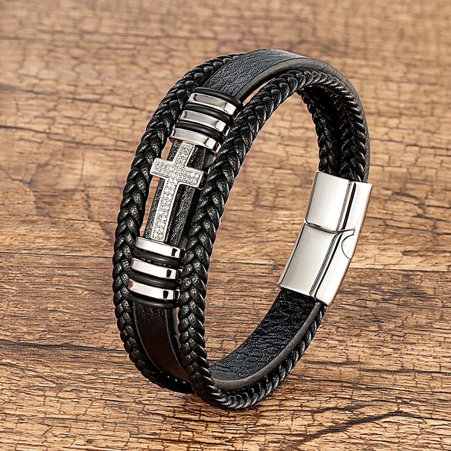 Bracelet Croix Homme Cuir Noir – Fermoir Magnétique Acier
