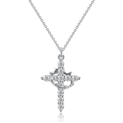 Collier Croix Femme avec Strass Étincelants et Détail de Couronne