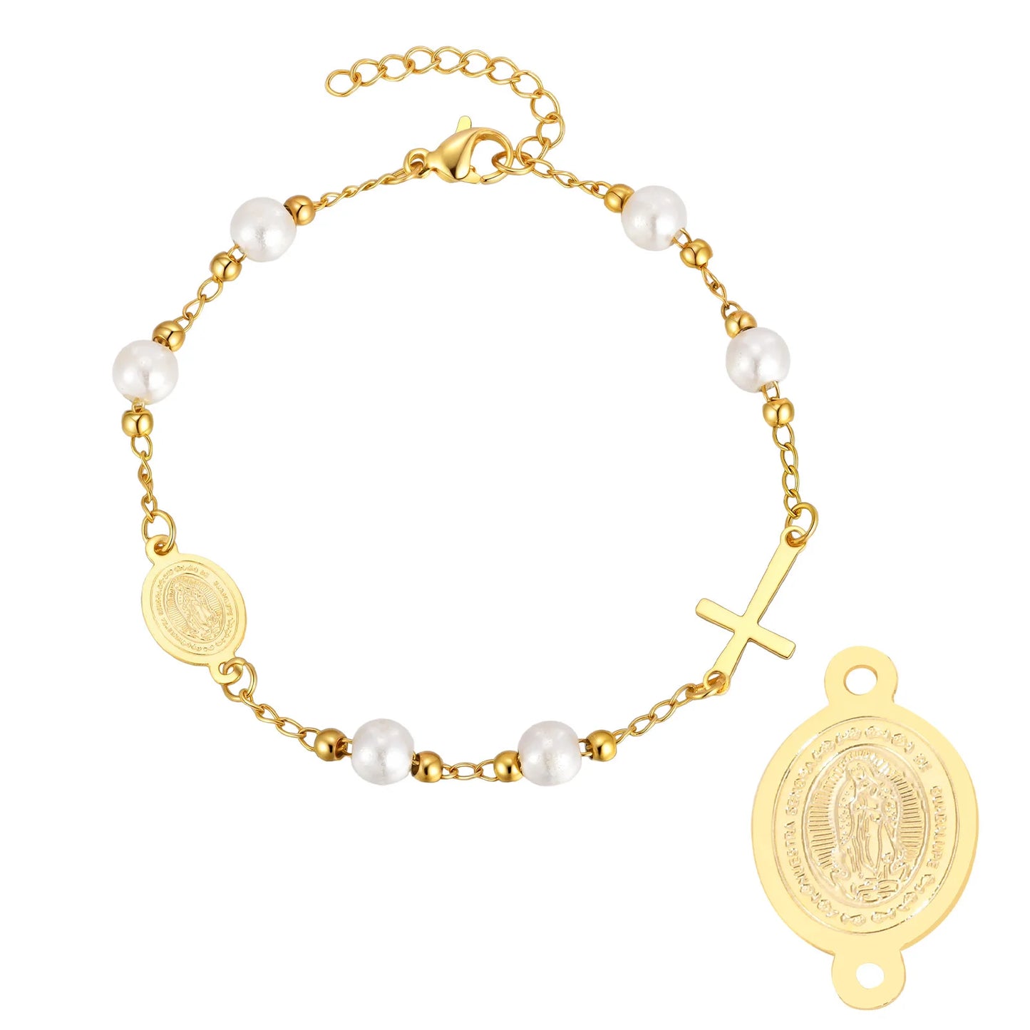 Bracelet Croix Acier Inoxydable Doré – Perles & Médaille Vierge Marie
