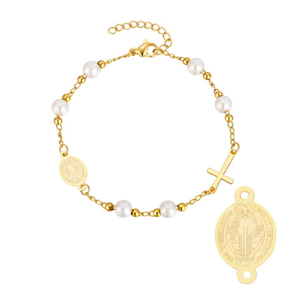Bracelet Croix Acier Inoxydable Doré – Perles & Médaille Vierge Marie