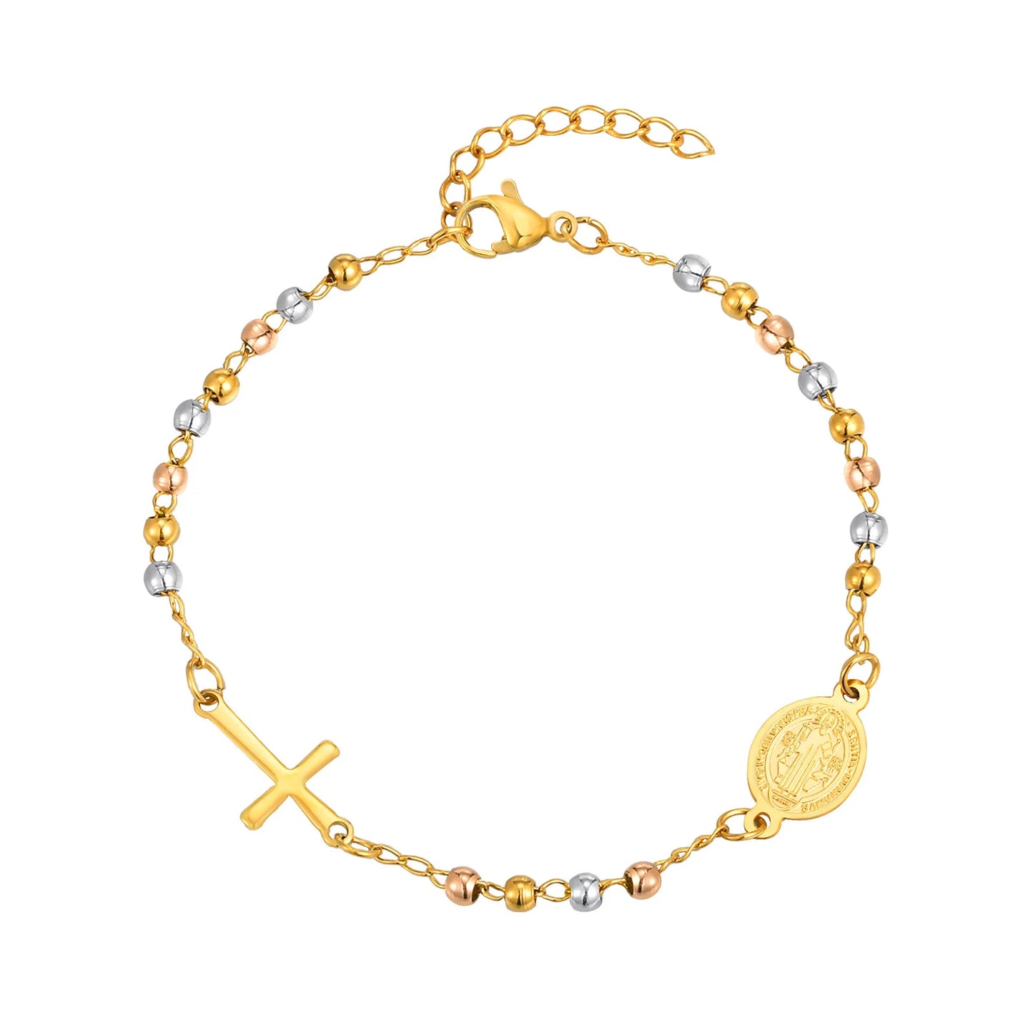 Bracelet Croix Acier Inoxydable Doré – Perles & Médaille Vierge Marie