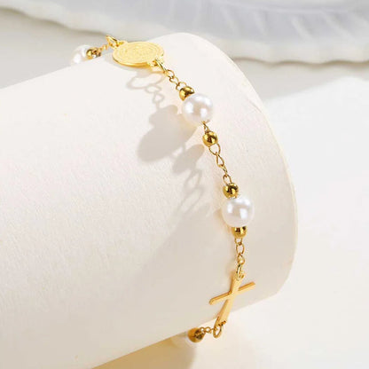 Bracelet Croix Acier Inoxydable Doré – Perles & Médaille Vierge Marie