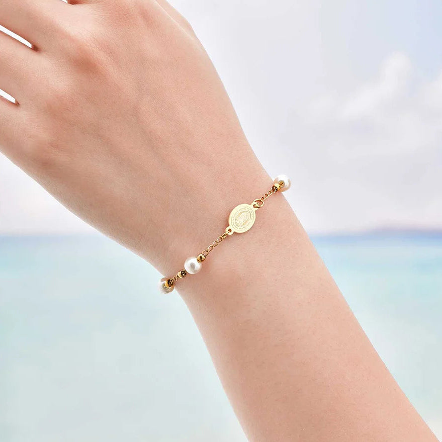 Bracelet Croix Acier Inoxydable Doré – Perles & Médaille Vierge Marie