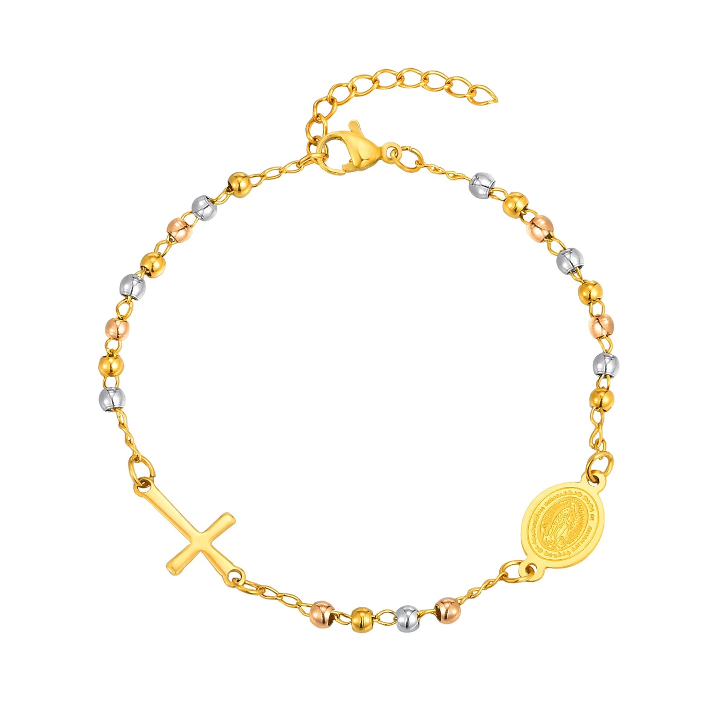Bracelet Croix Acier Inoxydable Doré – Perles & Médaille Vierge Marie